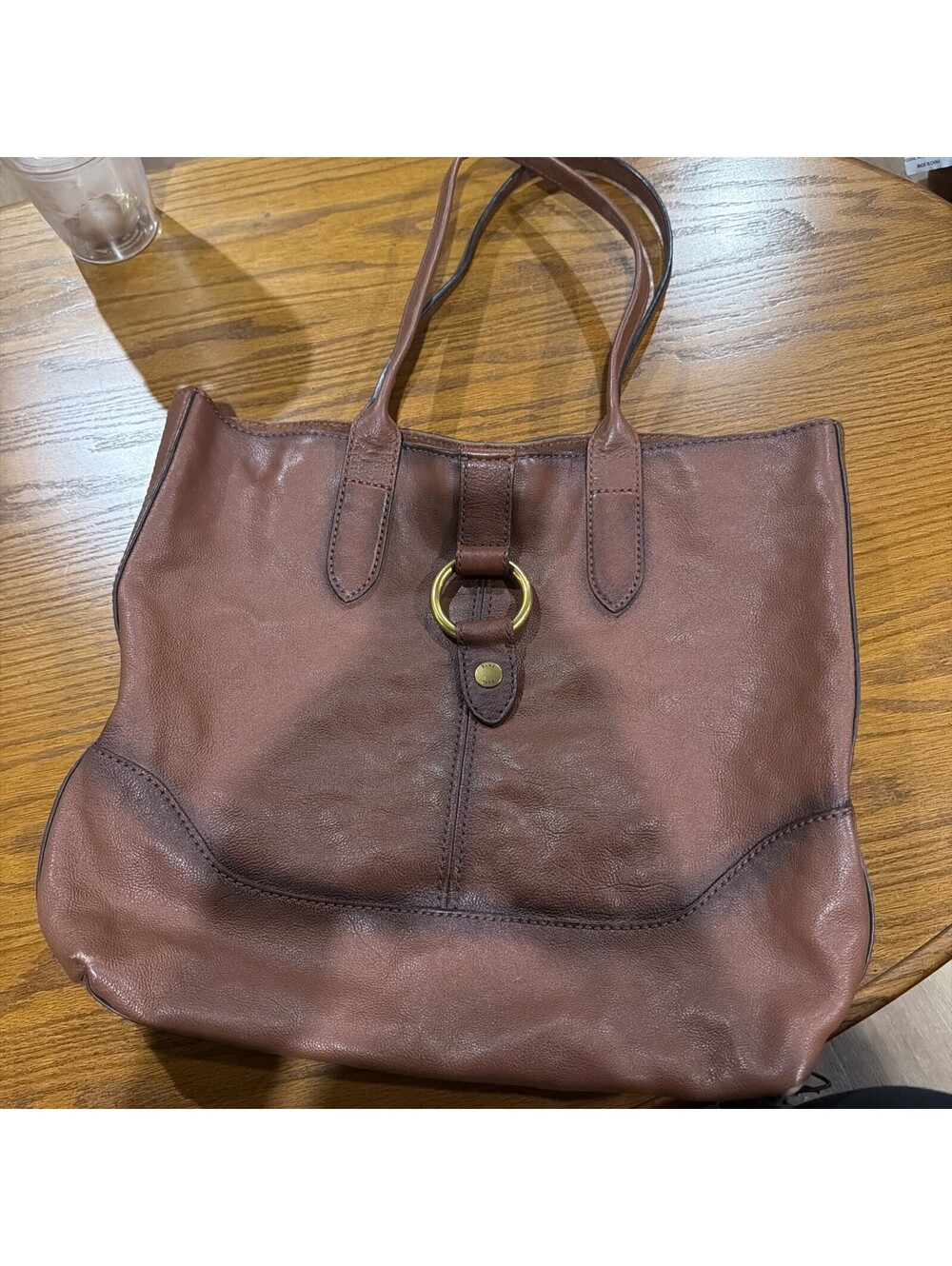 Frye Brown Leather Tote Bag with Brass Ring Detail